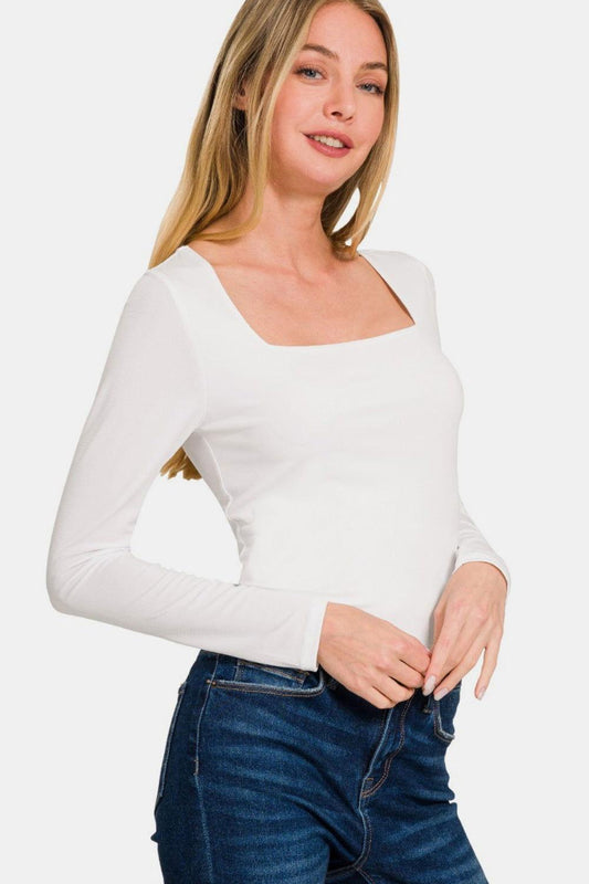 Zenana Square Neck Fitted Long Sleeve T-Shirt - Clothes For Her Online Store