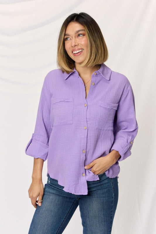 Zenana Texture Button Up Raw Hem Long Sleeve Shirt - Clothes For Her Online Store