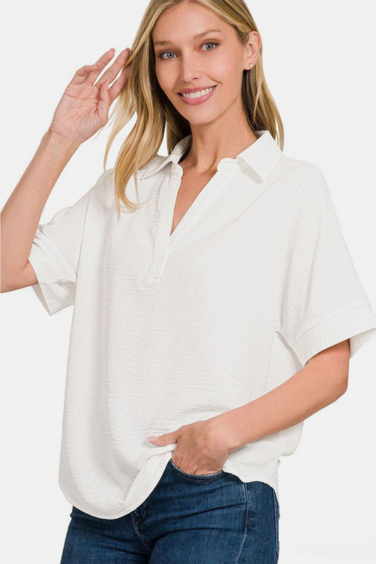 Zenana Texture Collared Neck Short Sleeve Top - Clothes For Her Online Store