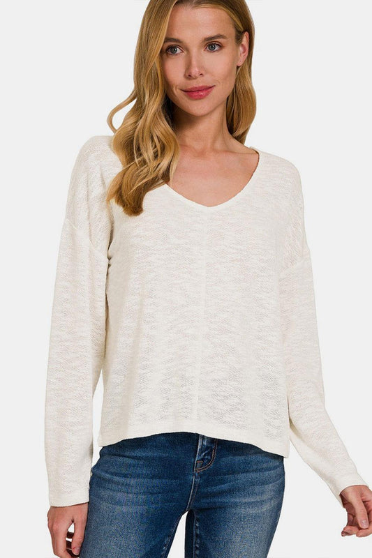 Zenana V-Neck Dropped Shoulder Long Sleeve T-Shirt - Clothes For Her Online Store