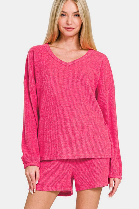 Zenana V-Neck Long Sleeve Ribbed Top and Shorts Set - Clothes For Her Online Store