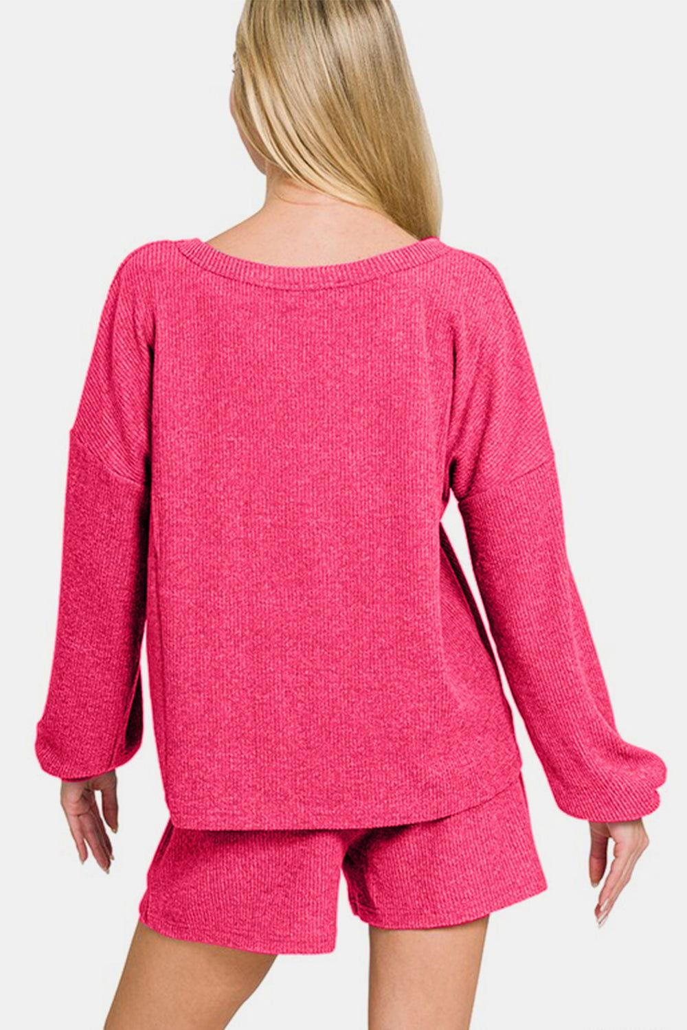 Zenana V-Neck Long Sleeve Ribbed Top and Shorts Set - Clothes For Her Online Store