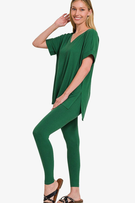 Zenana V-Neck Rolled Short Sleeve T-Shirt and Leggings Lounge Set - Clothes For Her Online Store