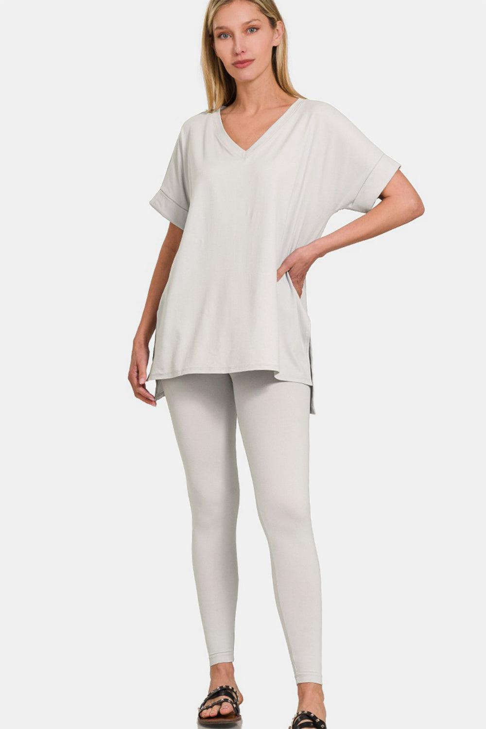 Zenana V-Neck Rolled Short Sleeve T-Shirt and Leggings Lounge Set - Clothes For Her Online Store