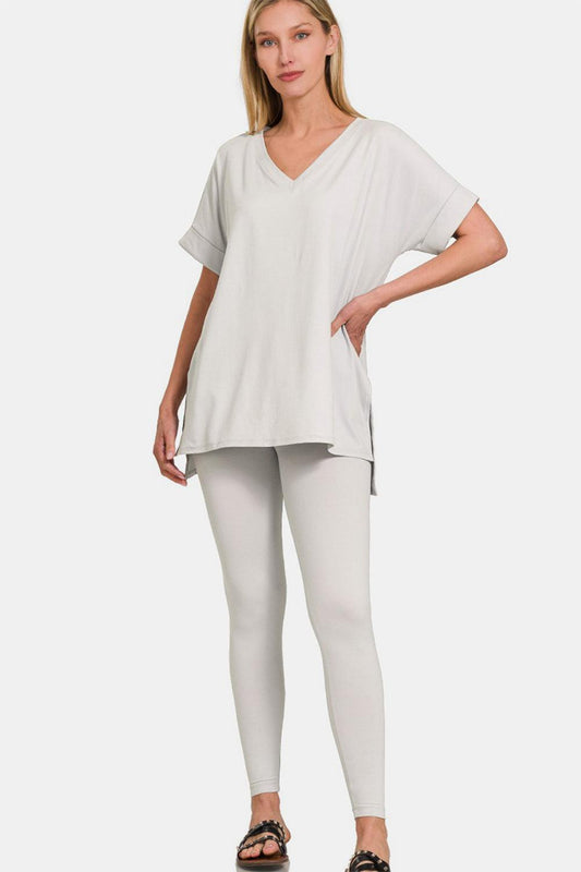 Zenana V-Neck Rolled Short Sleeve T-Shirt and Leggings Lounge Set - Clothes For Her Online Store