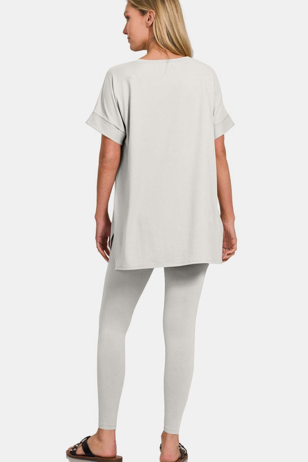 Zenana V-Neck Rolled Short Sleeve T-Shirt and Leggings Lounge Set - Clothes For Her Online Store