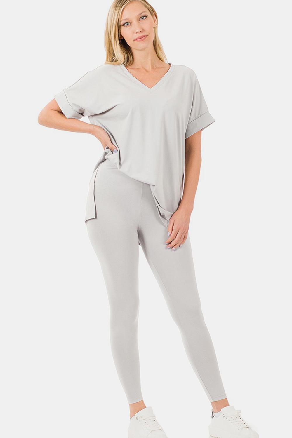 Zenana V-Neck Rolled Short Sleeve T-Shirt and Leggings Lounge Set - Clothes For Her Online Store