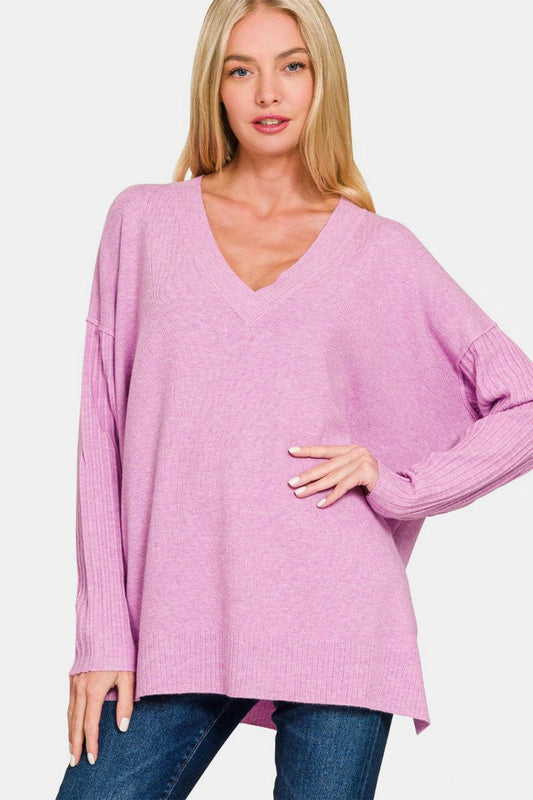 Zenana V-Neck Side Slit High-Low Sweater - Clothes For Her Online Store