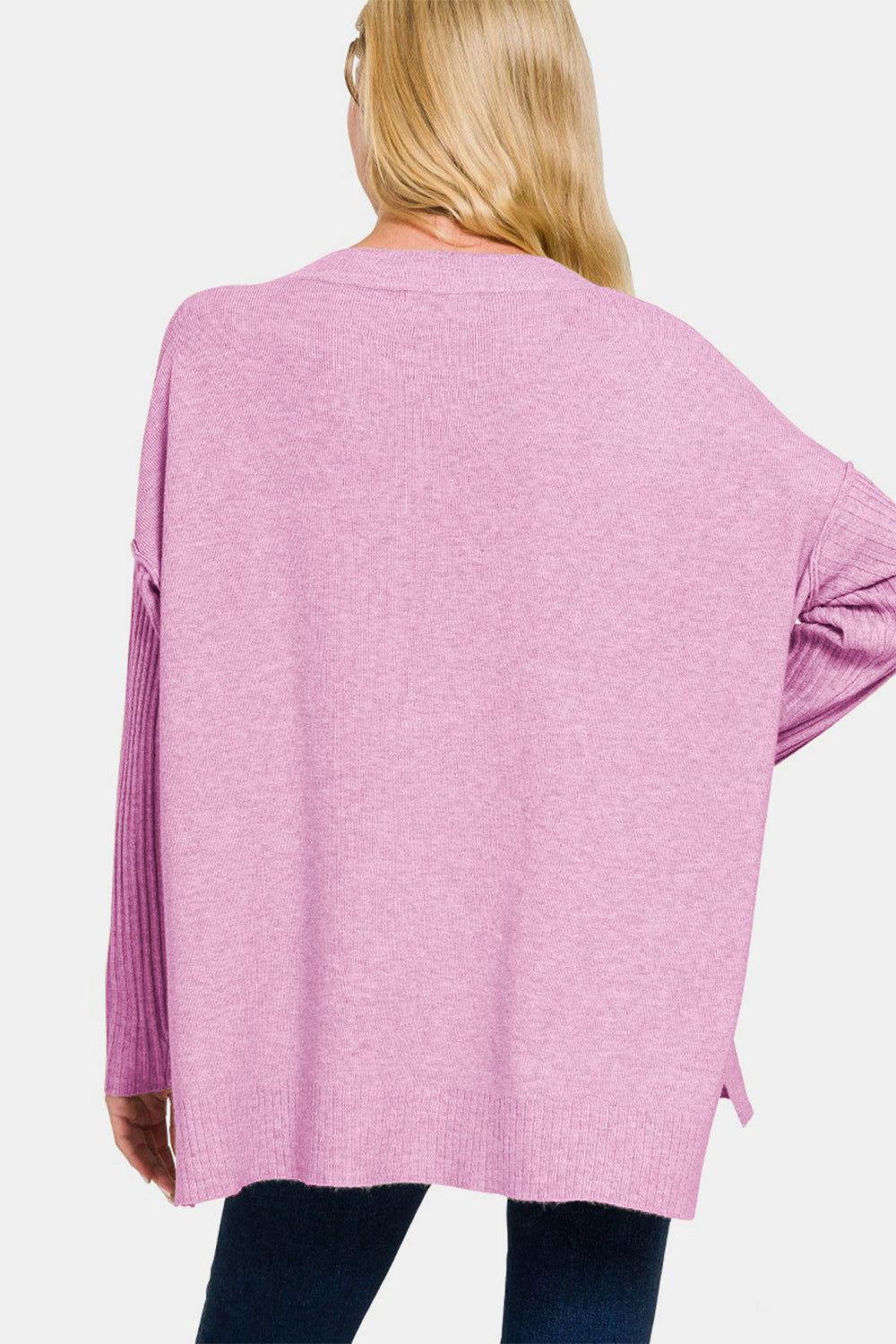 Zenana V-Neck Side Slit High-Low Sweater - Clothes For Her Online Store