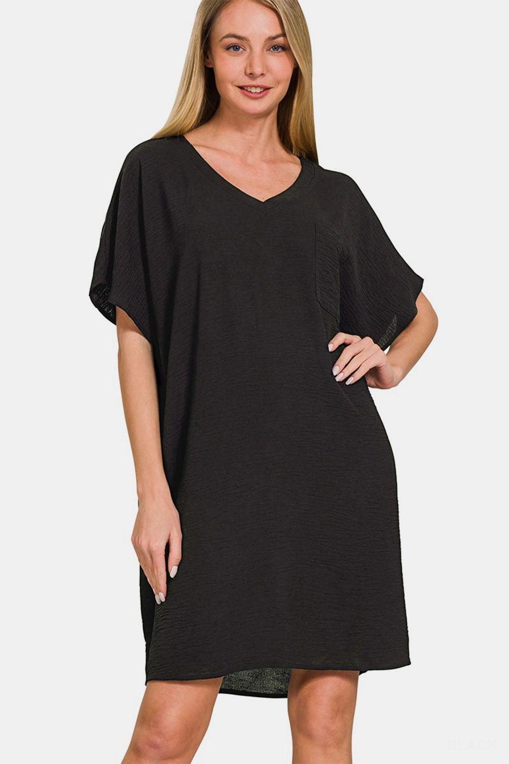 Zenana V-Neck Tee Dress with Pockets - Clothes For Her Online Store