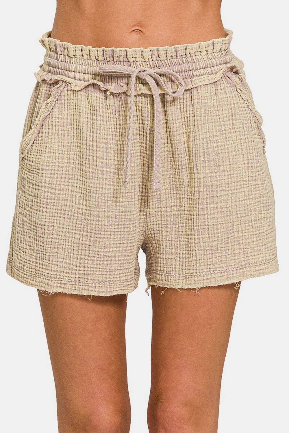 Zenana Washed Frayed Hem Drawstring Shorts - Clothes For Her Online Store