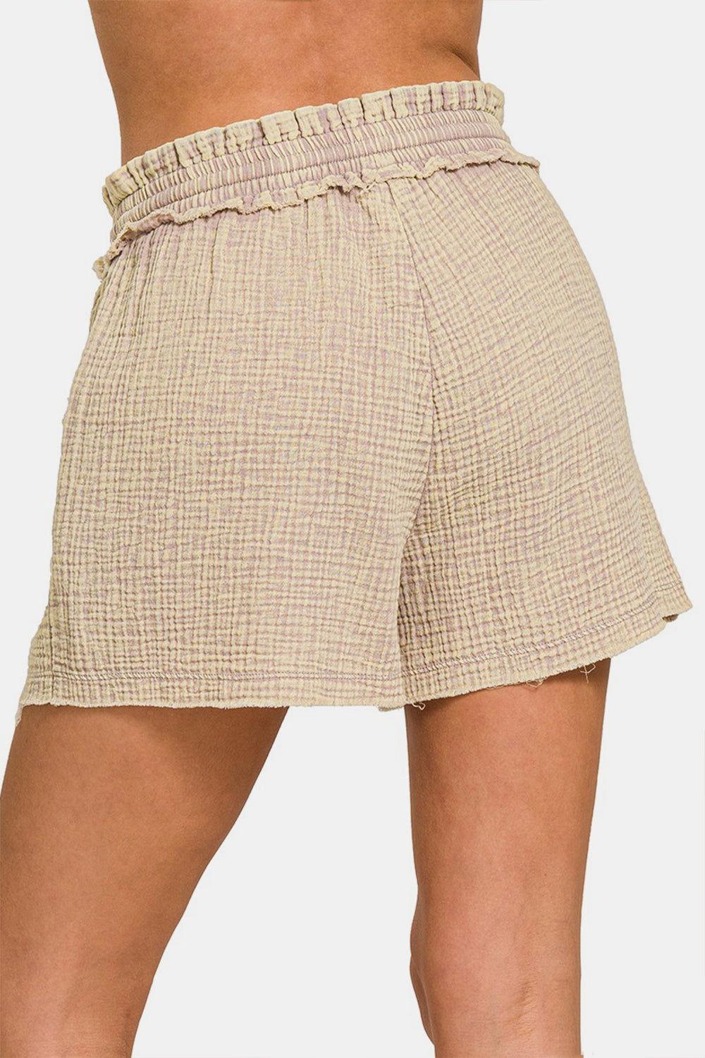 Zenana Washed Frayed Hem Drawstring Shorts - Clothes For Her Online Store