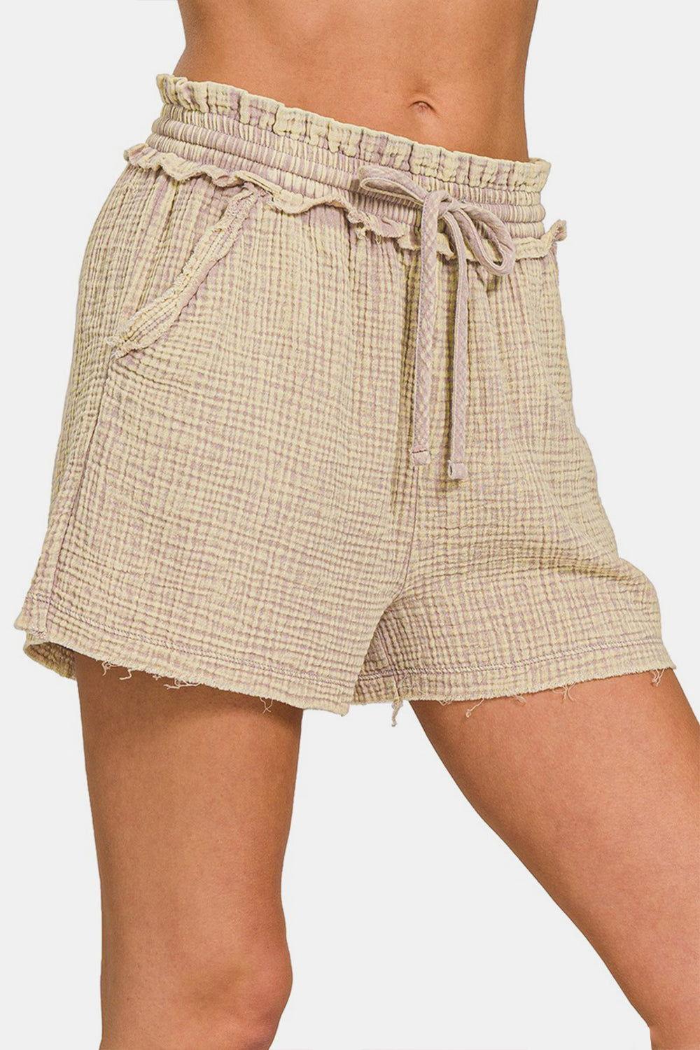 Zenana Washed Frayed Hem Drawstring Shorts - Clothes For Her Online Store
