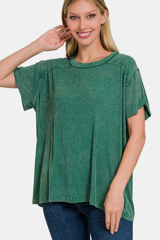 Zenana Washed Ribbed Short Sleeve Top - Clothes For Her Online Store