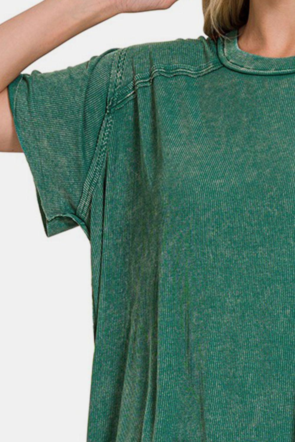 Zenana Washed Ribbed Short Sleeve Top - Clothes For Her Online Store
