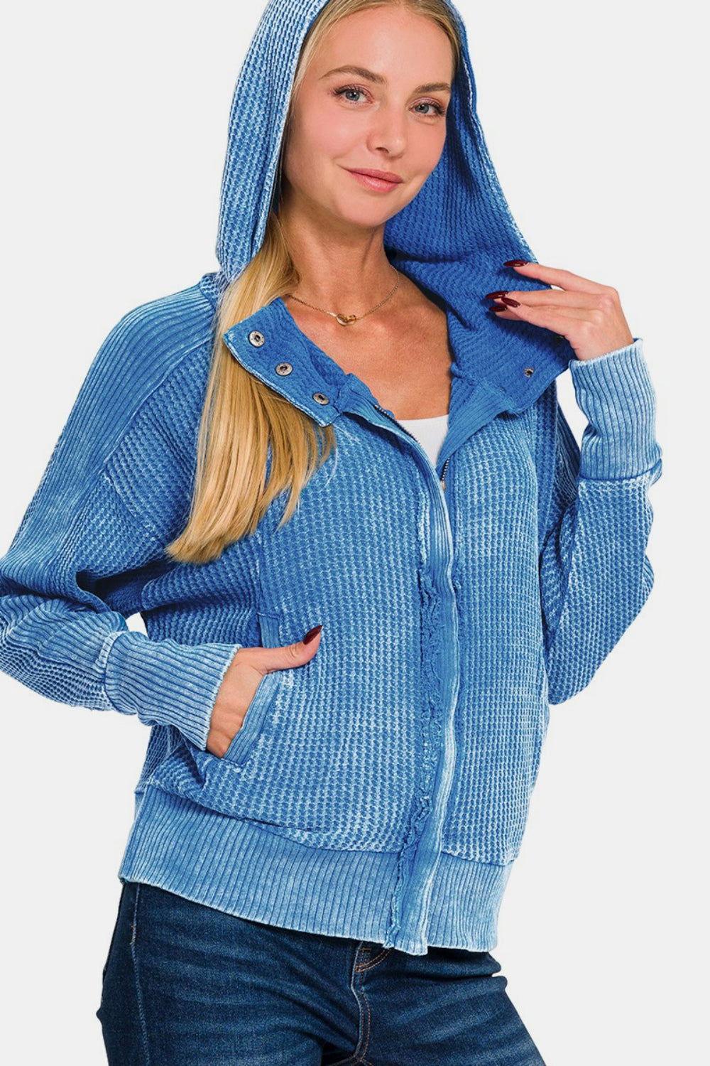 Zenana Washed Zip Up Hooded Jacket - Clothes For Her Online Store
