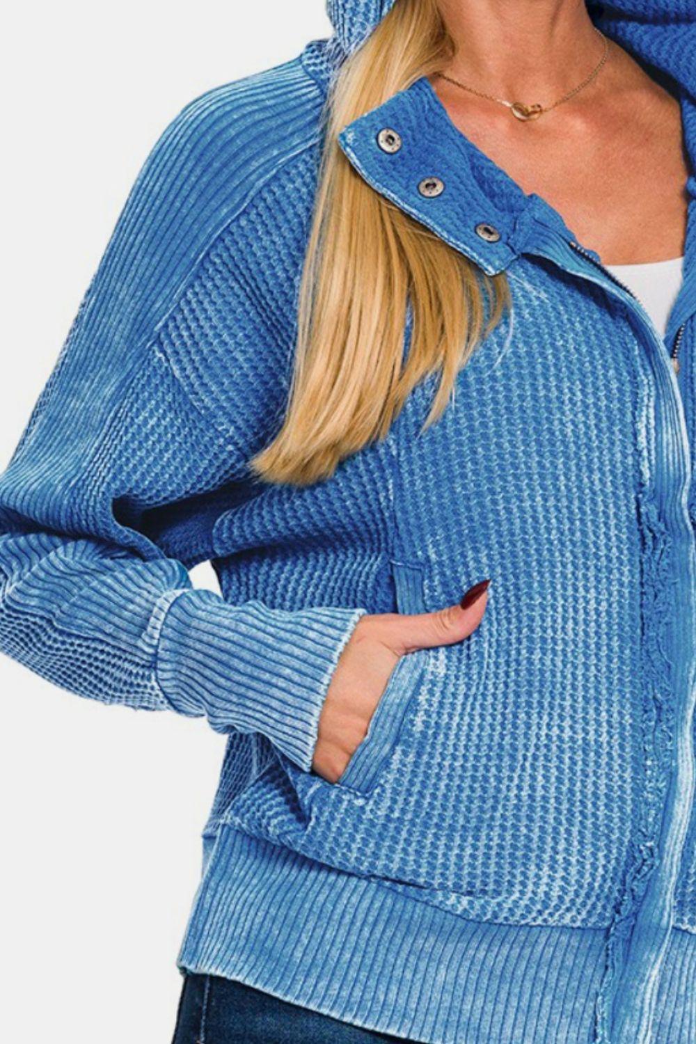 Zenana Washed Zip Up Hooded Jacket - Clothes For Her Online Store