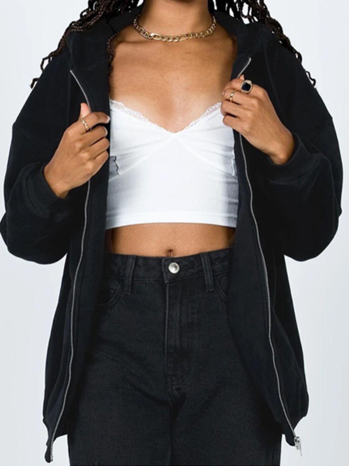 Zip-Up Drawstring Hoodie - Clothes For Her Online Store