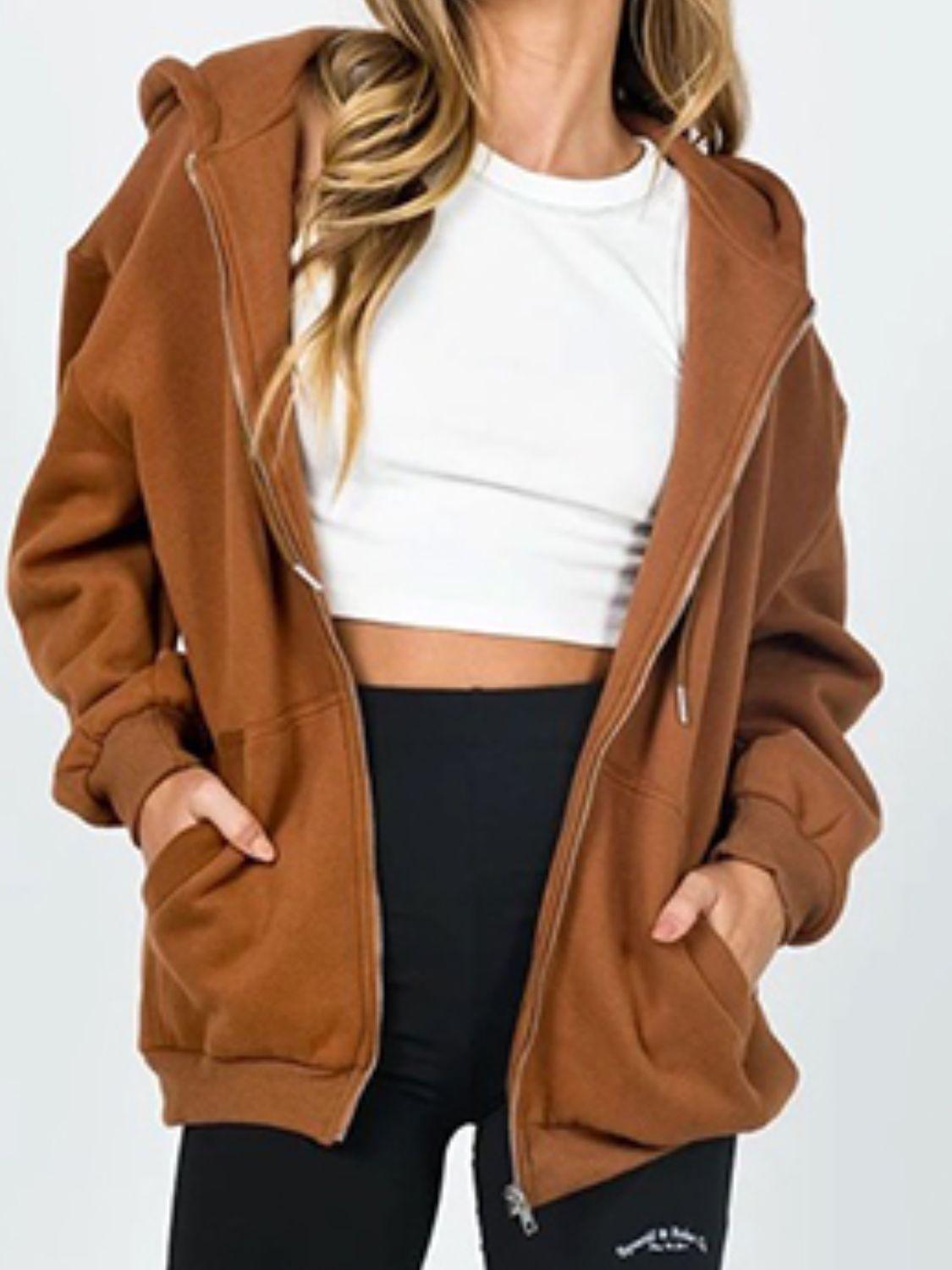 Zip-Up Drawstring Hoodie - Clothes For Her Online Store