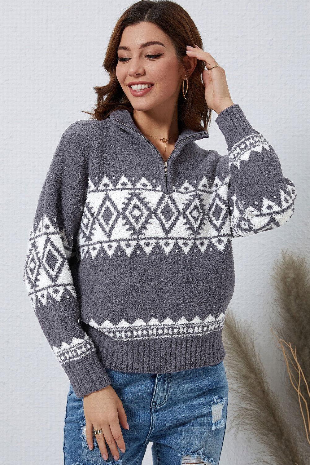 Zip-Up Geometrical Pattern Pullover Sweater - Clothes For Her Online Store