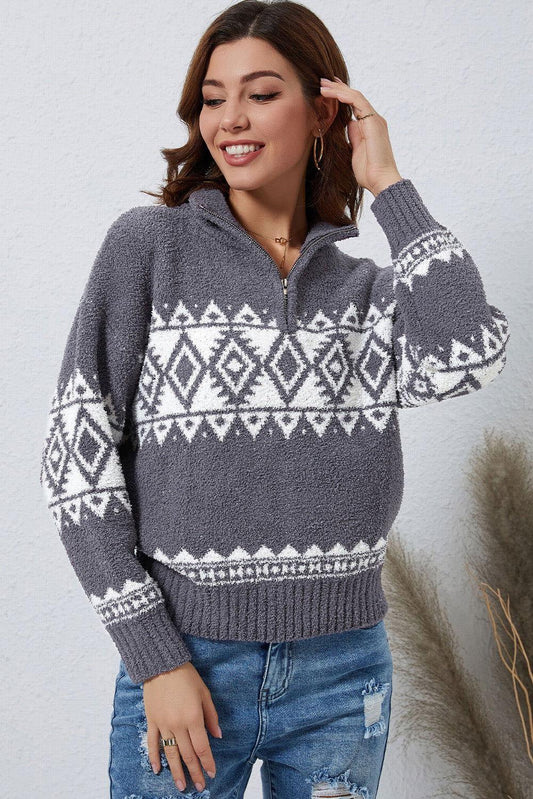 Zip-Up Geometrical Pattern Pullover Sweater - Clothes For Her Online Store