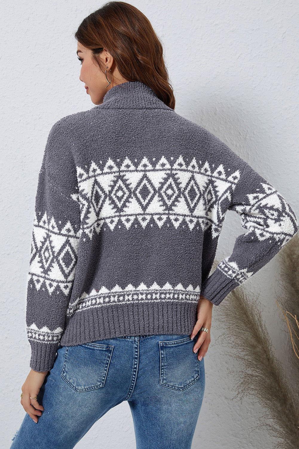 Zip-Up Geometrical Pattern Pullover Sweater - Clothes For Her Online Store