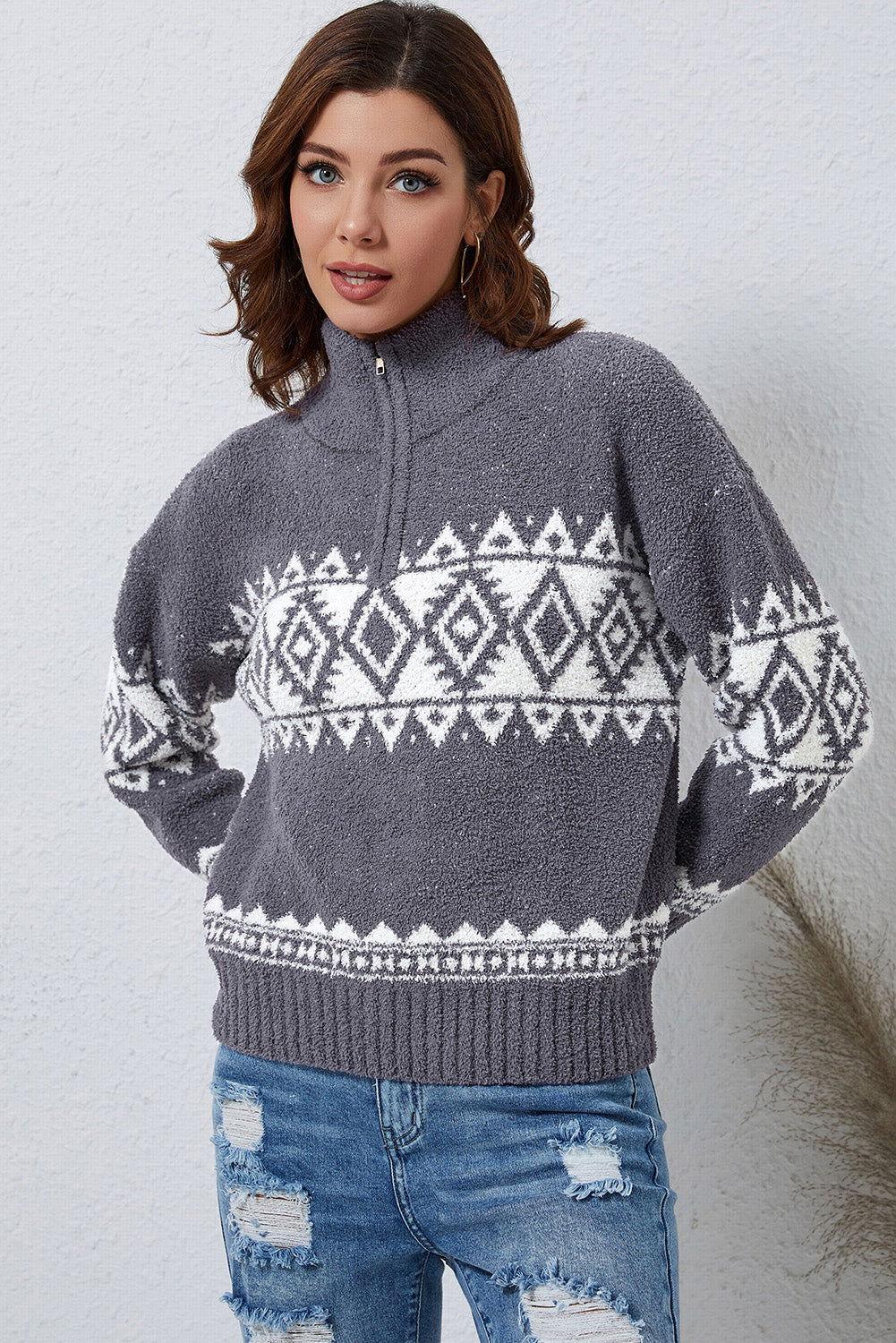Zip-Up Geometrical Pattern Pullover Sweater - Clothes For Her Online Store