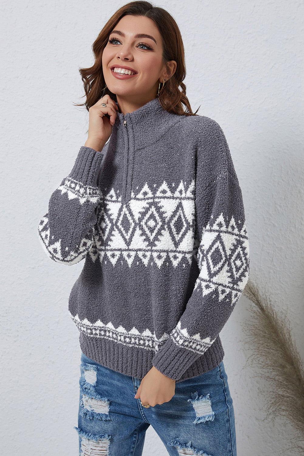 Zip-Up Geometrical Pattern Pullover Sweater - Clothes For Her Online Store