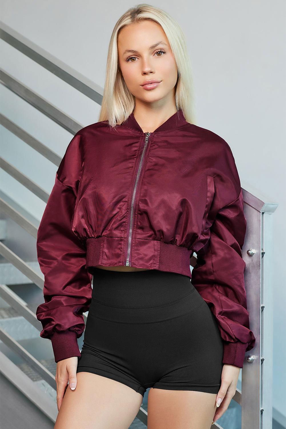 Zip-Up Ruched Cropped Jacket - Clothes For Her Online Store