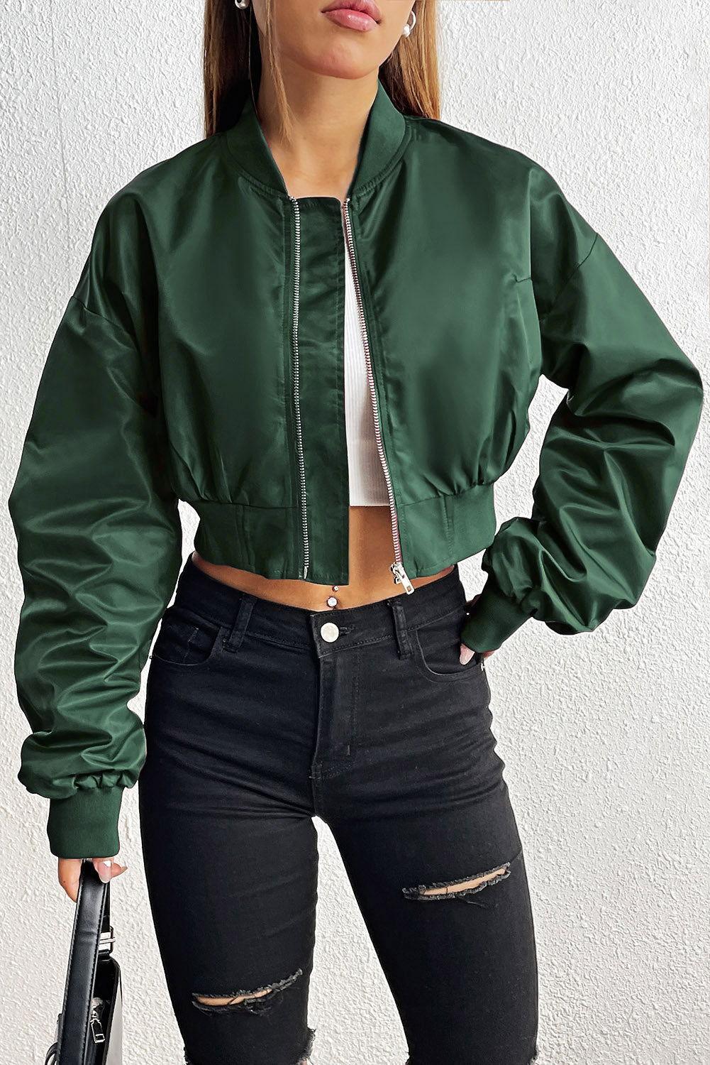 Zip-Up Ruched Cropped Jacket - Clothes For Her Online Store