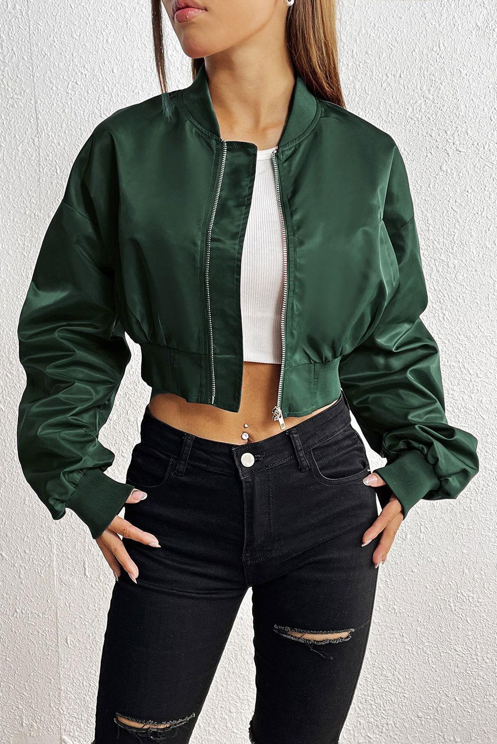 Zip-Up Ruched Cropped Jacket - Clothes For Her Online Store