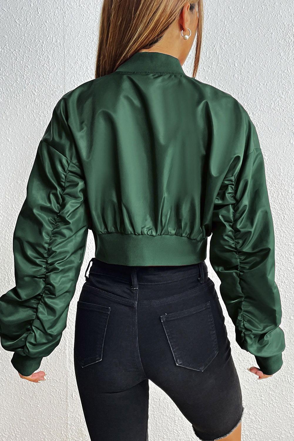 Zip-Up Ruched Cropped Jacket - Clothes For Her Online Store