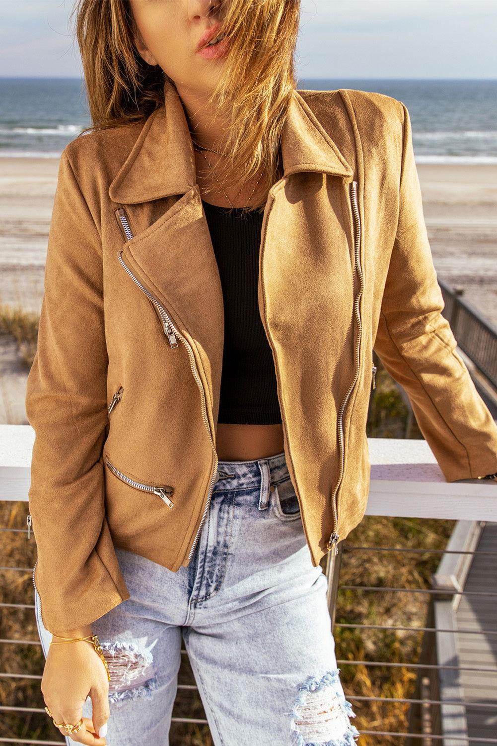 Zip-Up Suede Jacket - Clothes For Her Online Store