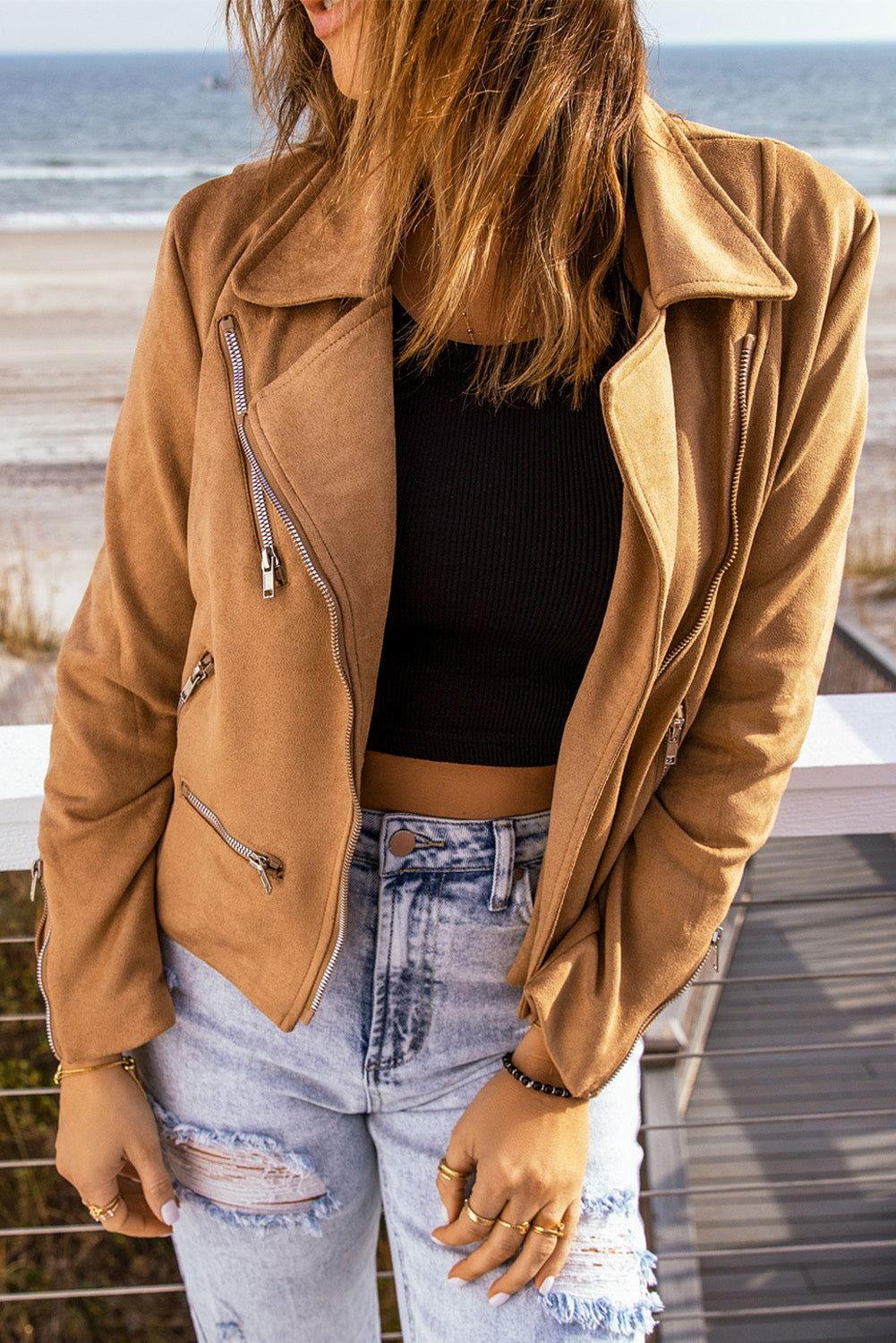 Zip-Up Suede Jacket - Clothes For Her Online Store