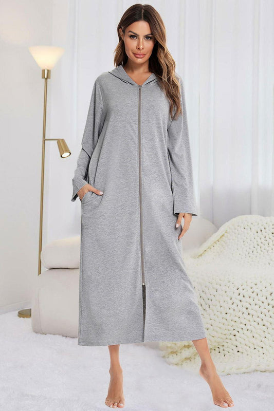 Zip Front Hooded Night Dress with Pockets - Clothes For Her Online Store