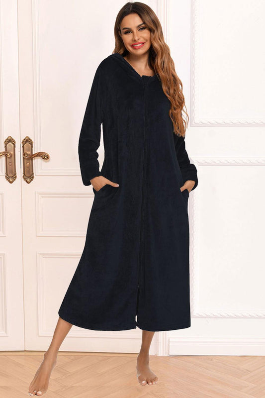 Zip Front Hooded Night Dress with Pockets - Clothes For Her Online Store