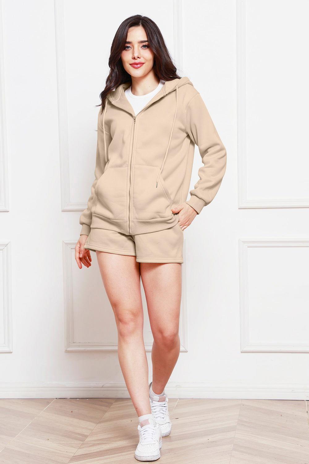 Zip Up Drawstring Hoodie and Shorts Set - Clothes For Her Online Store