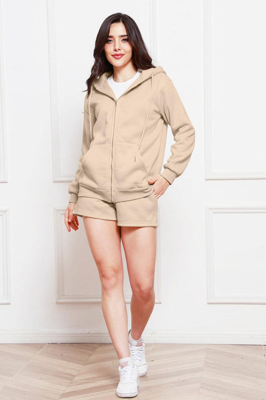 Zip Up Drawstring Hoodie and Shorts Set - Clothes For Her Online Store