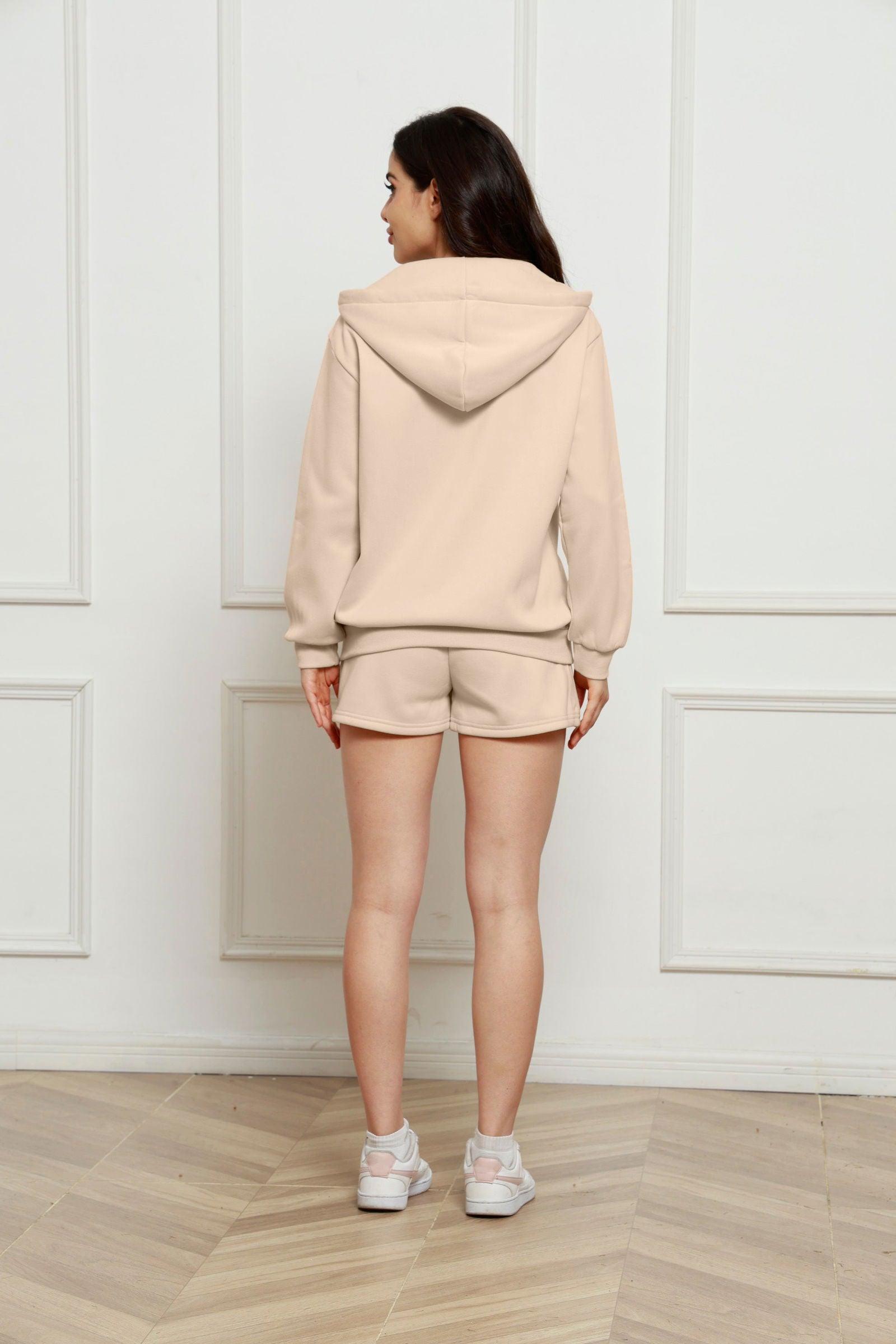 Zip Up Drawstring Hoodie and Shorts Set - Clothes For Her Online Store