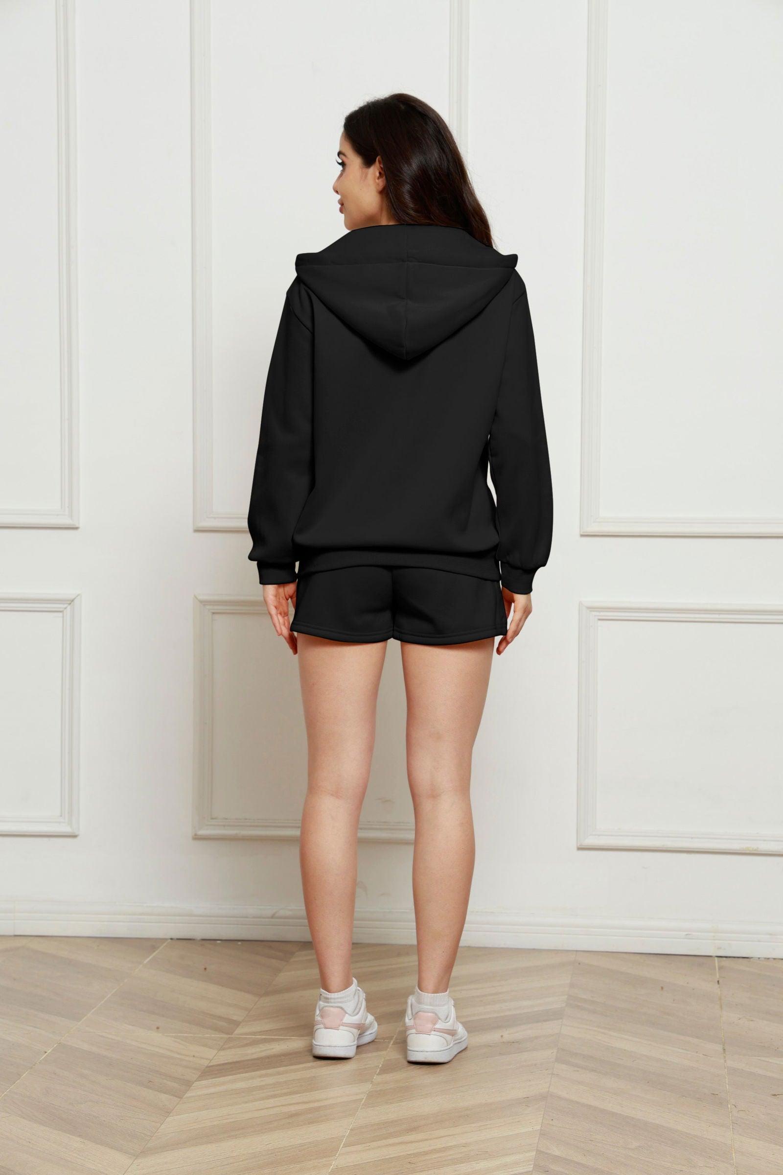 Zip Up Drawstring Hoodie and Shorts Set - Clothes For Her Online Store