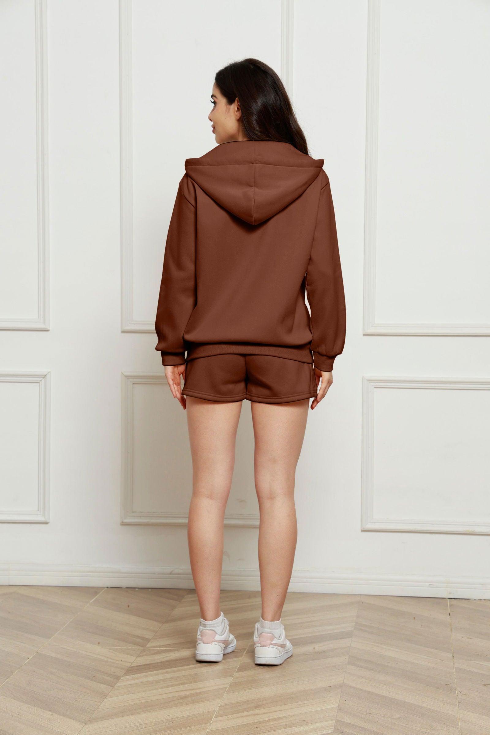 Zip Up Drawstring Hoodie and Shorts Set - Clothes For Her Online Store