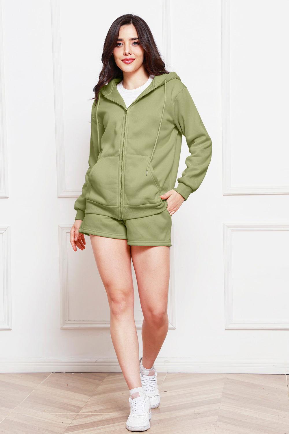 Zip Up Drawstring Hoodie and Shorts Set - Clothes For Her Online Store