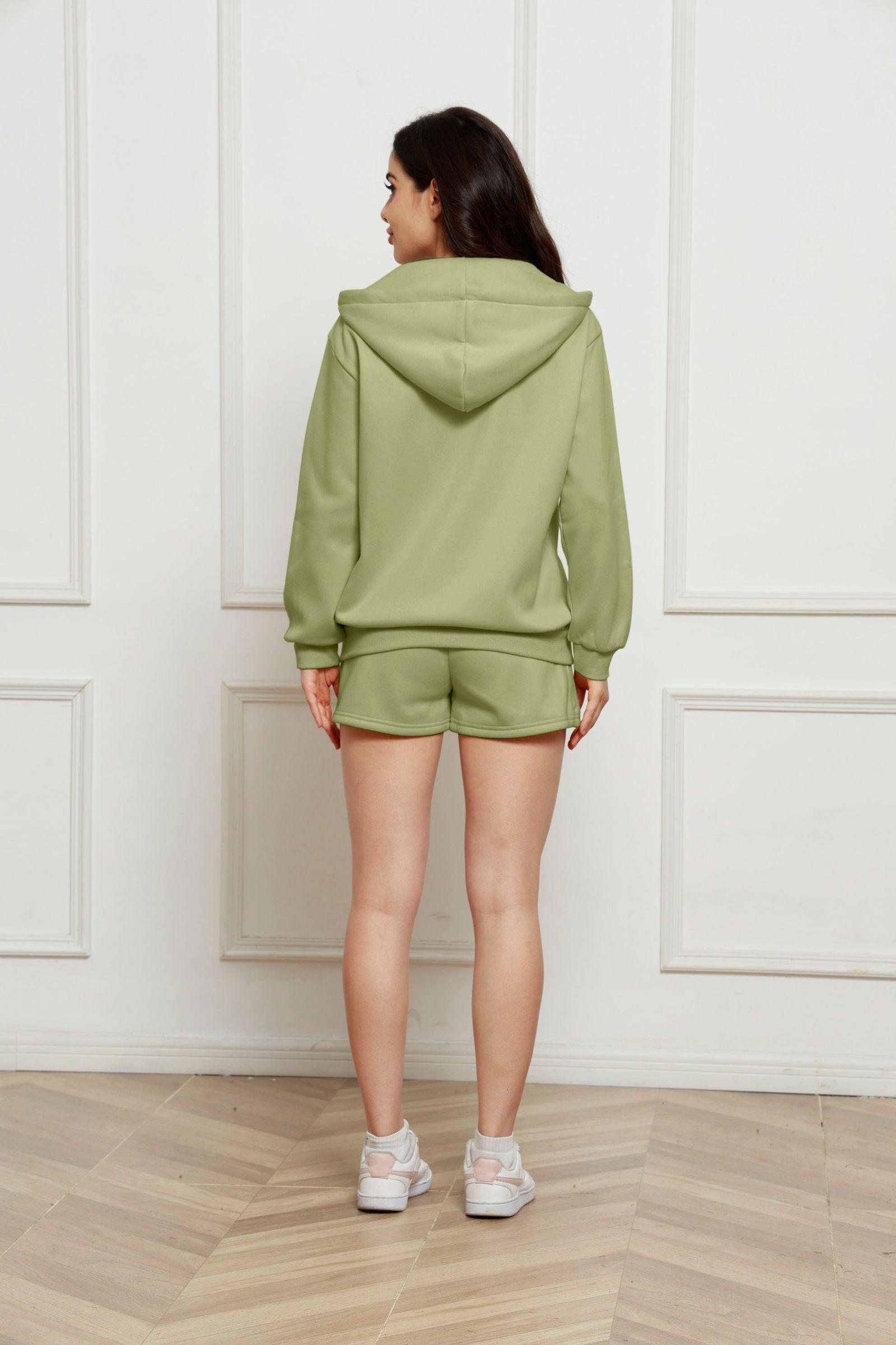 Zip Up Drawstring Hoodie and Shorts Set - Clothes For Her Online Store