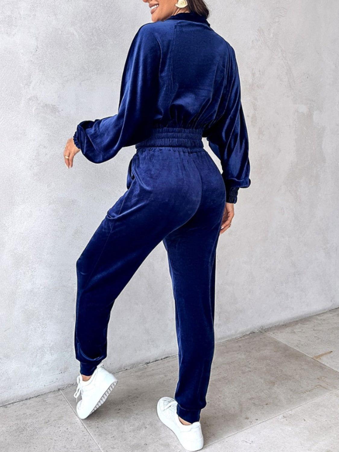 Zip Up Long Sleeve Cropped Top and Joggers Set - Clothes For Her Online Store