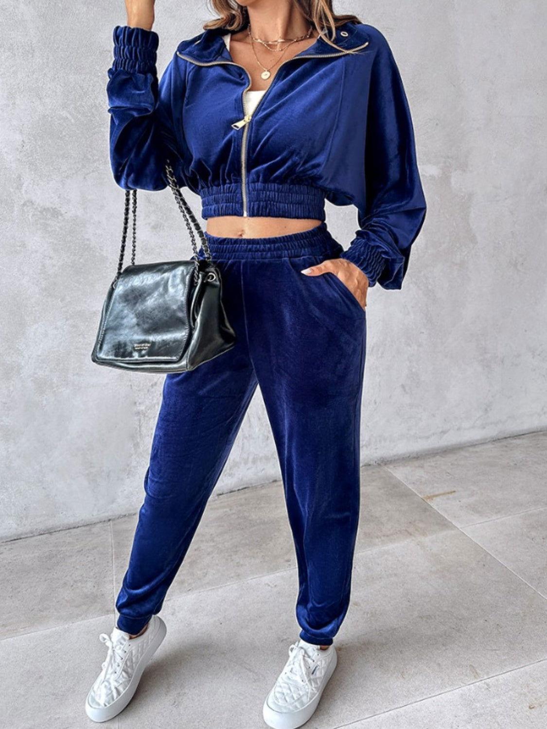 Zip Up Long Sleeve Cropped Top and Joggers Set - Clothes For Her Online Store
