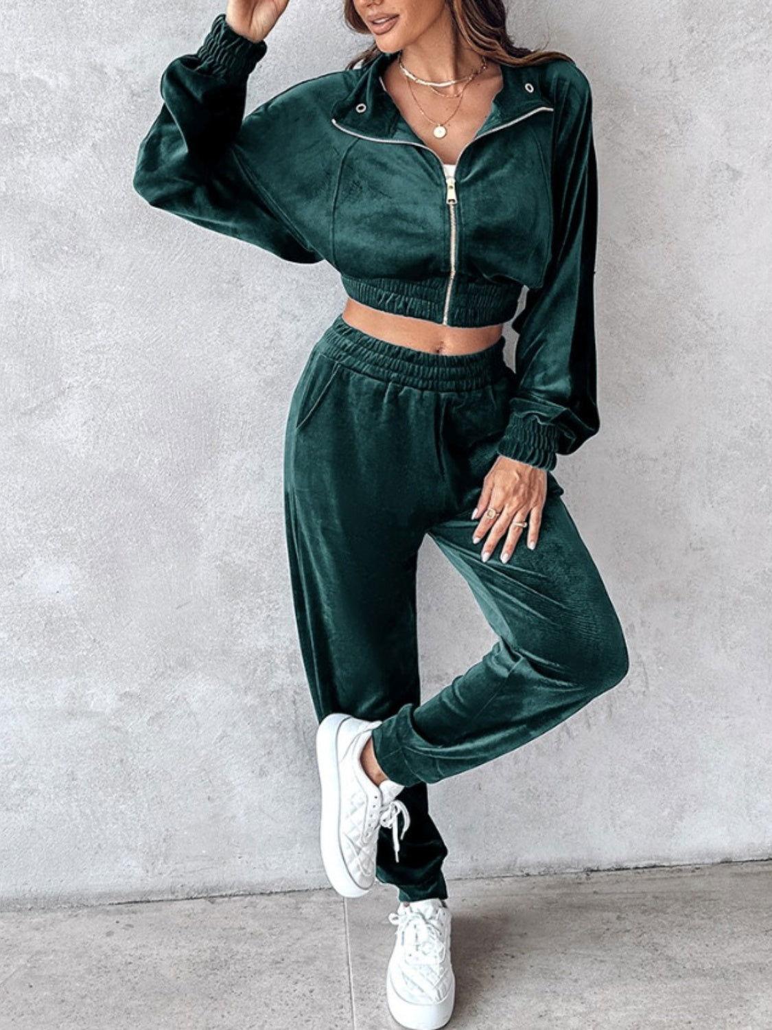 Zip Up Long Sleeve Cropped Top and Joggers Set - Clothes For Her Online Store