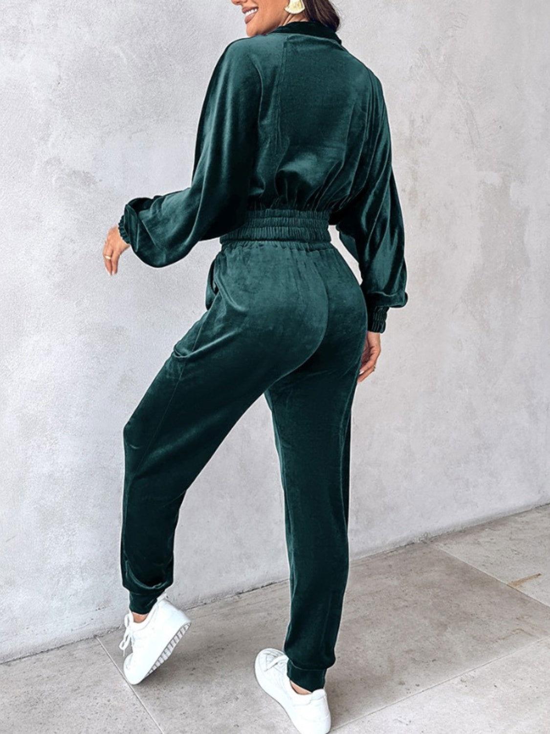 Zip Up Long Sleeve Cropped Top and Joggers Set - Clothes For Her Online Store