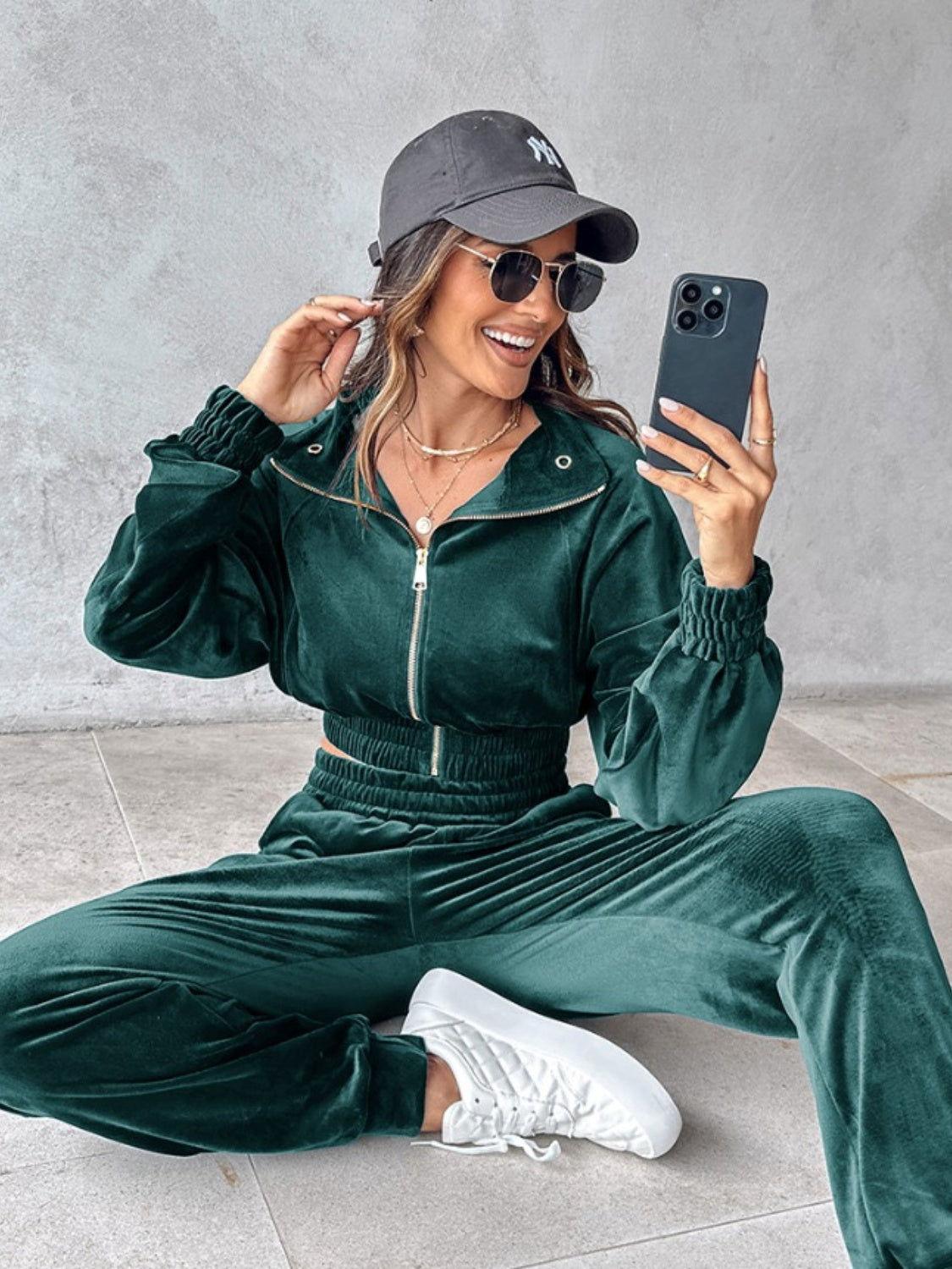 Zip Up Long Sleeve Cropped Top and Joggers Set - Clothes For Her Online Store