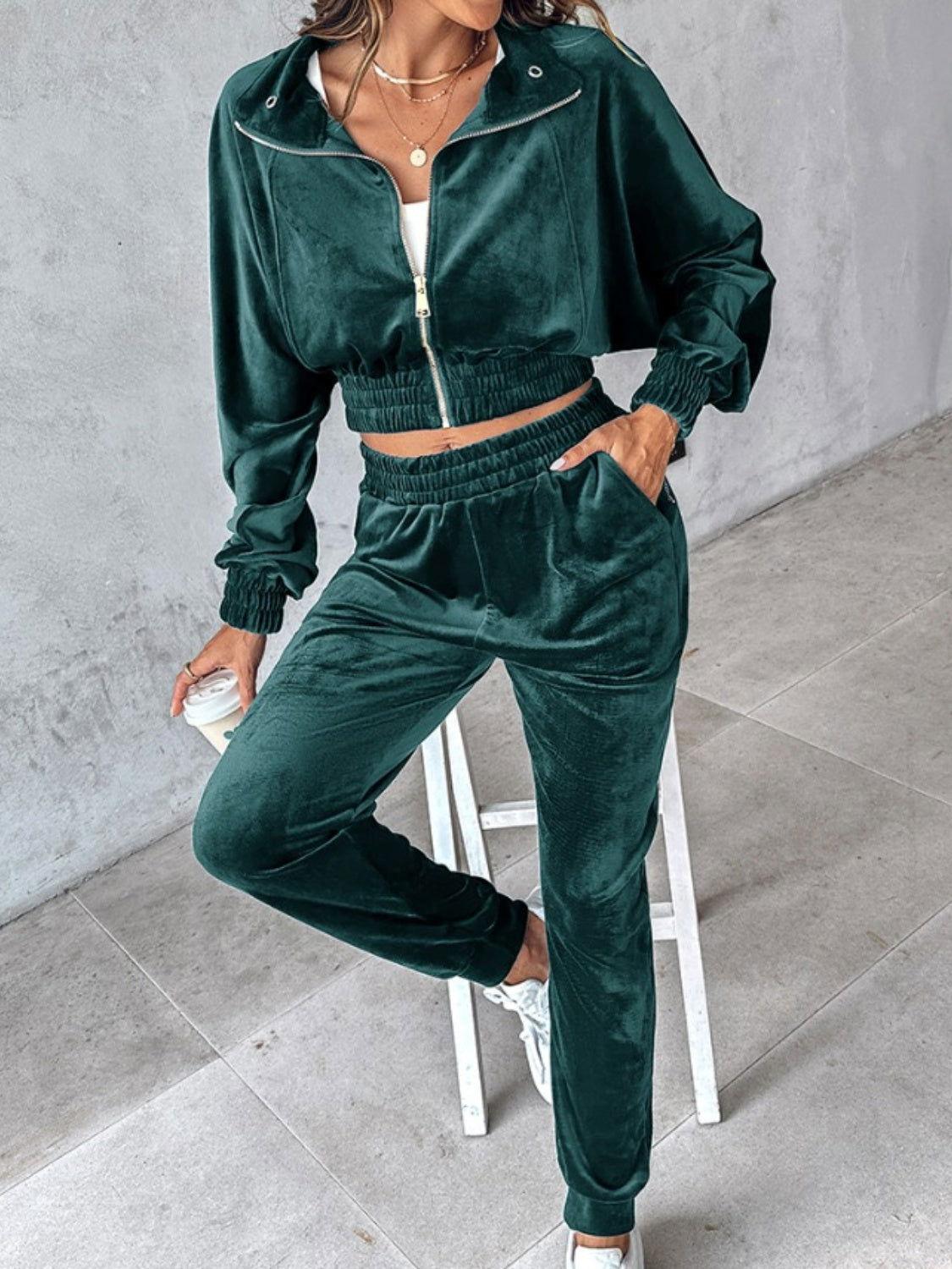 Zip Up Long Sleeve Cropped Top and Joggers Set - Clothes For Her Online Store