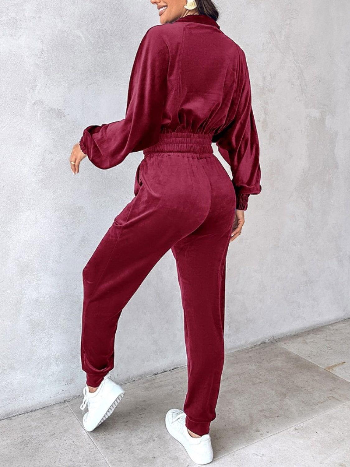 Zip Up Long Sleeve Cropped Top and Joggers Set - Clothes For Her Online Store